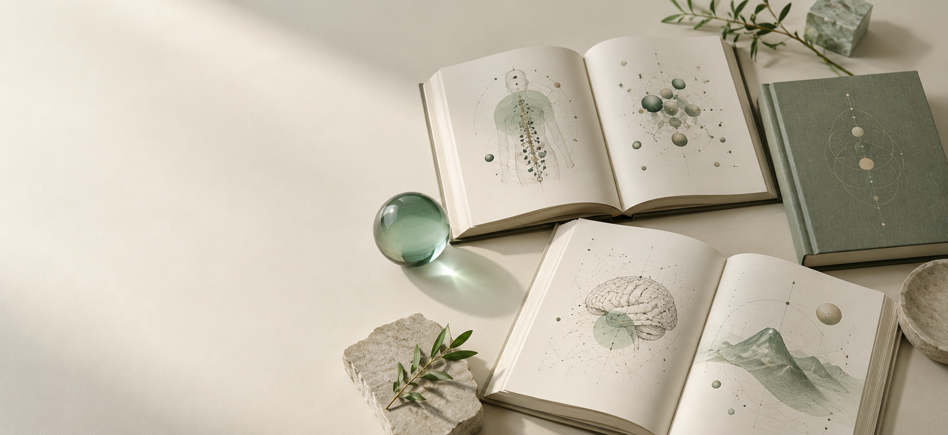 หนังสือวิชาการเปิดวางบนโต๊ะสีครีมและเขียวอ่อน